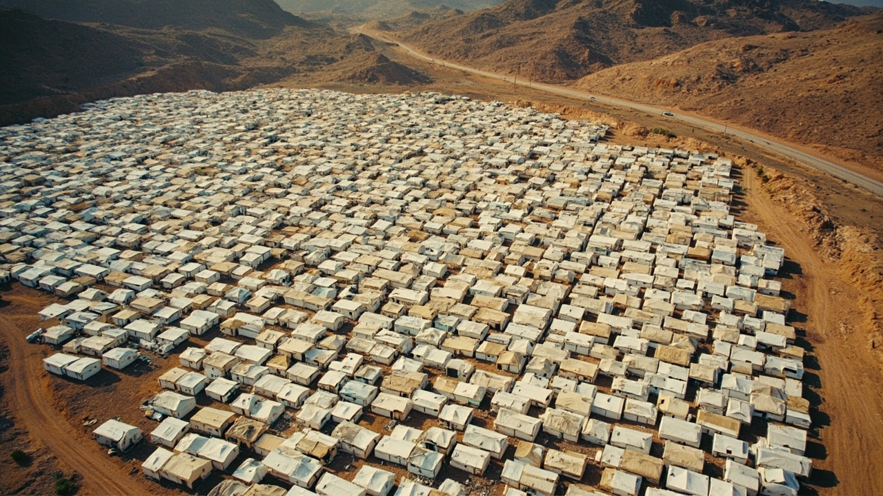Aerial satellite view showing rows of white tents forming a camp near a mountainous border crossing, arid terrain on both sides