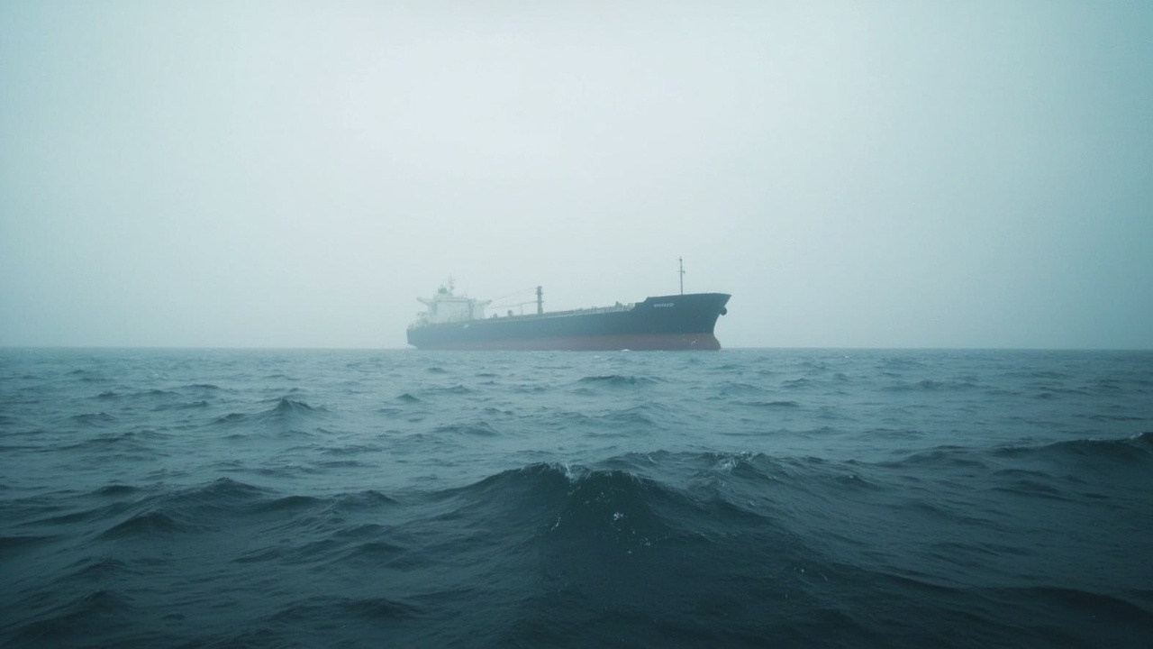 Oil tanker at sea under overcast sky, seen from a distance with empty horizon