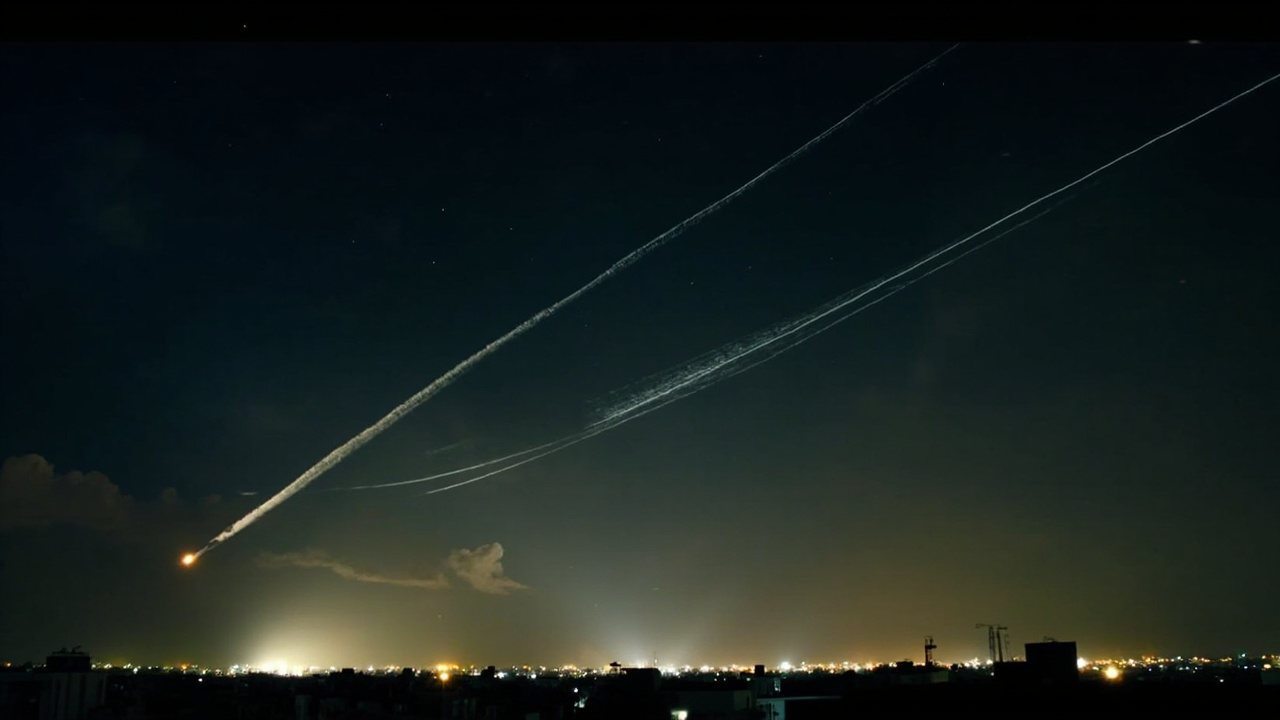 A night sky over a Middle Eastern city with streaks of interceptor missiles visible