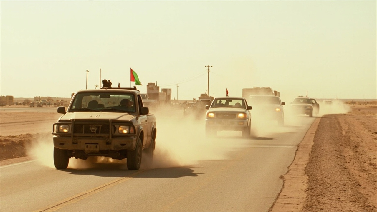 A line of pickup trucks on a desert road near a border crossing gate
