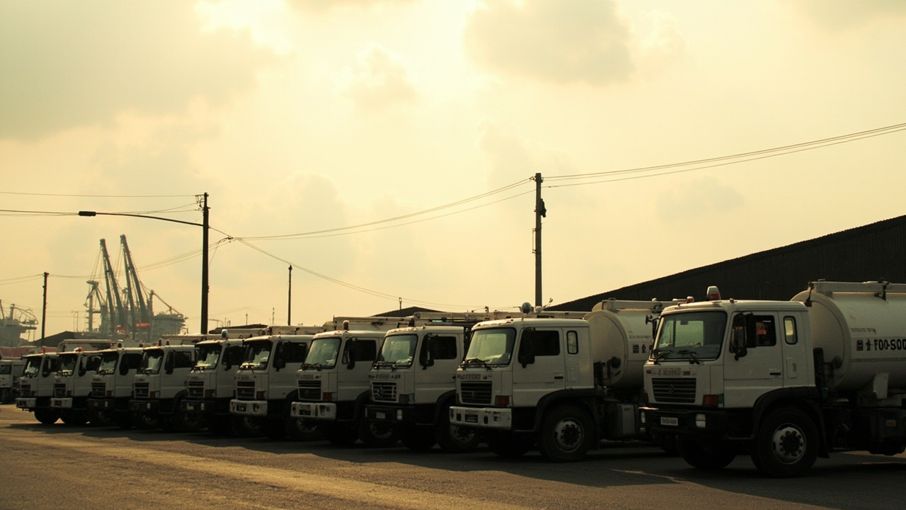 A row of fuel tanker trucks parked at a depot in Mombasa with the Indian Ocean port cranes visible in the background