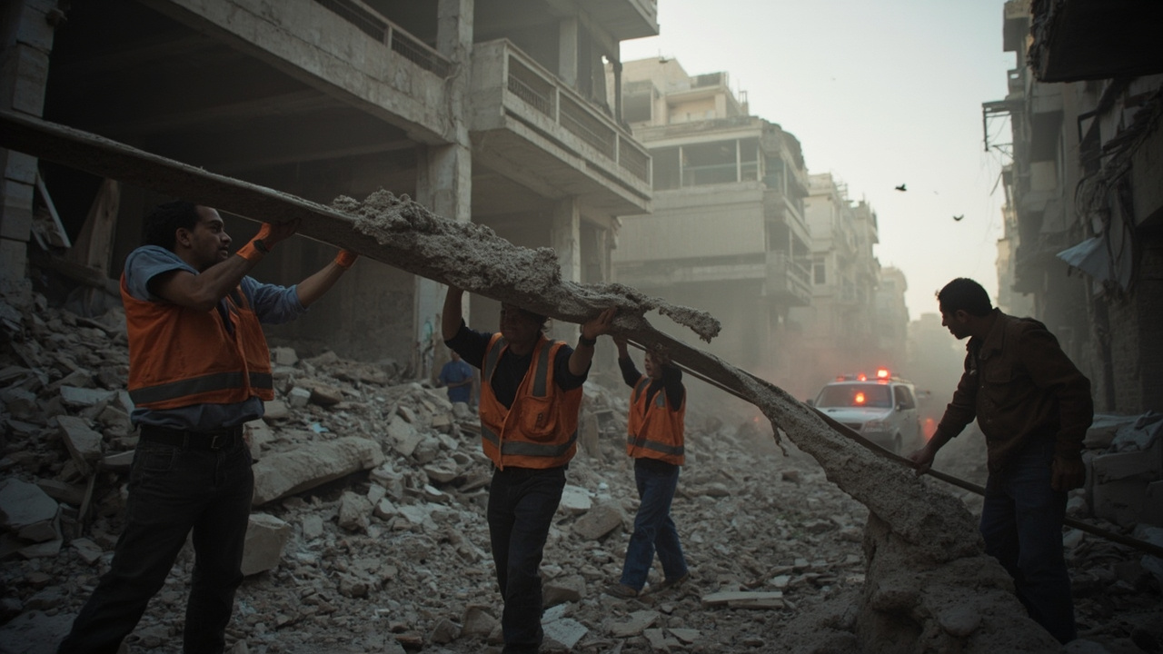 Rescue workers in orange vests pulling debris from a collapsed residential building, dust clouds hanging in the air