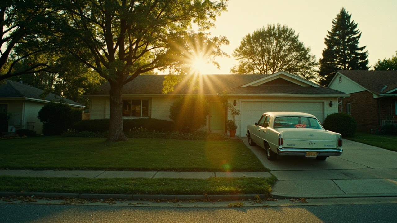 Suburban American house with overgrown lawn, warm afternoon light