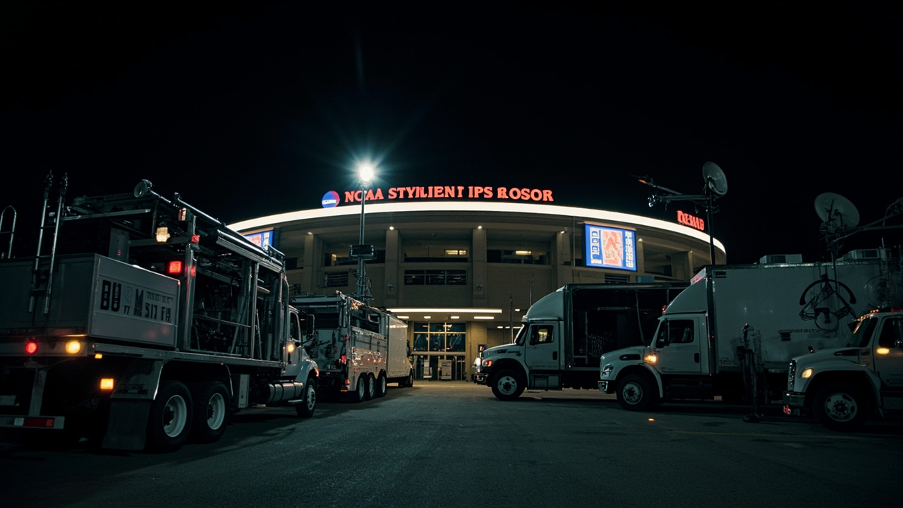 Television production truck parked outside a packed college basketball arena, cables running to the broadcast booth, NCAA tournament signage visible