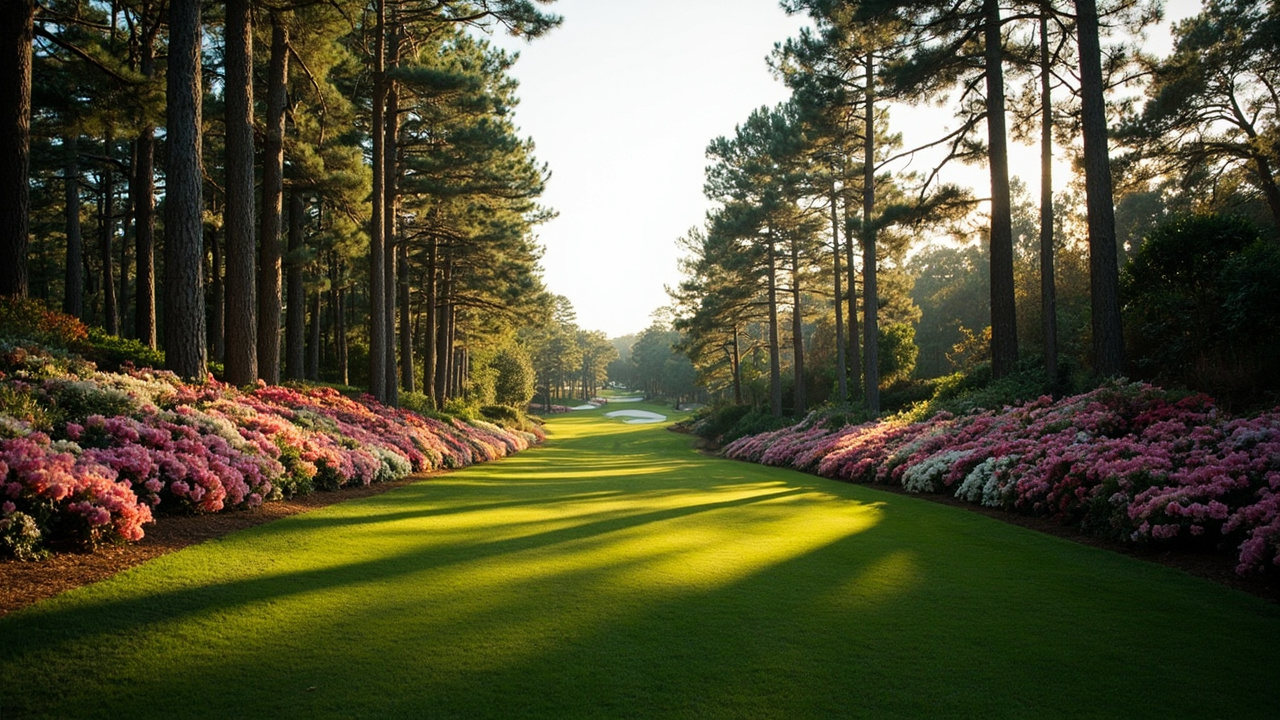 Augusta National Golf Club azaleas in bloom along a fairway, early morning light