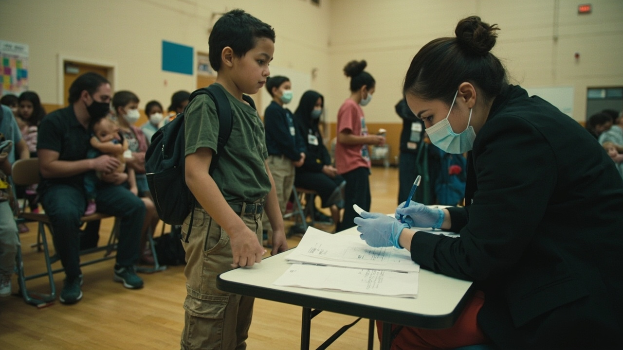 Public health nurse in protective gear reviewing vaccination records at a community clinic in a Utah school gymnasium