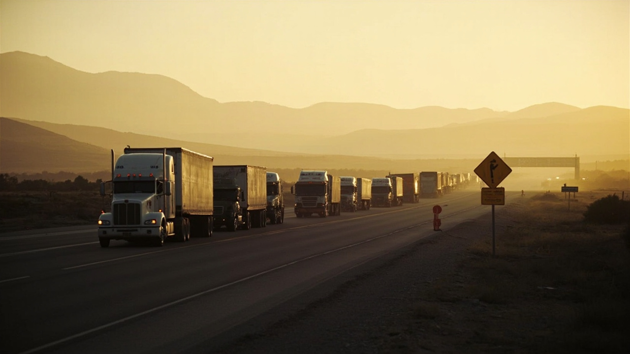 Line of cargo trucks parked along a Mexican highway at dawn, roadblock visible