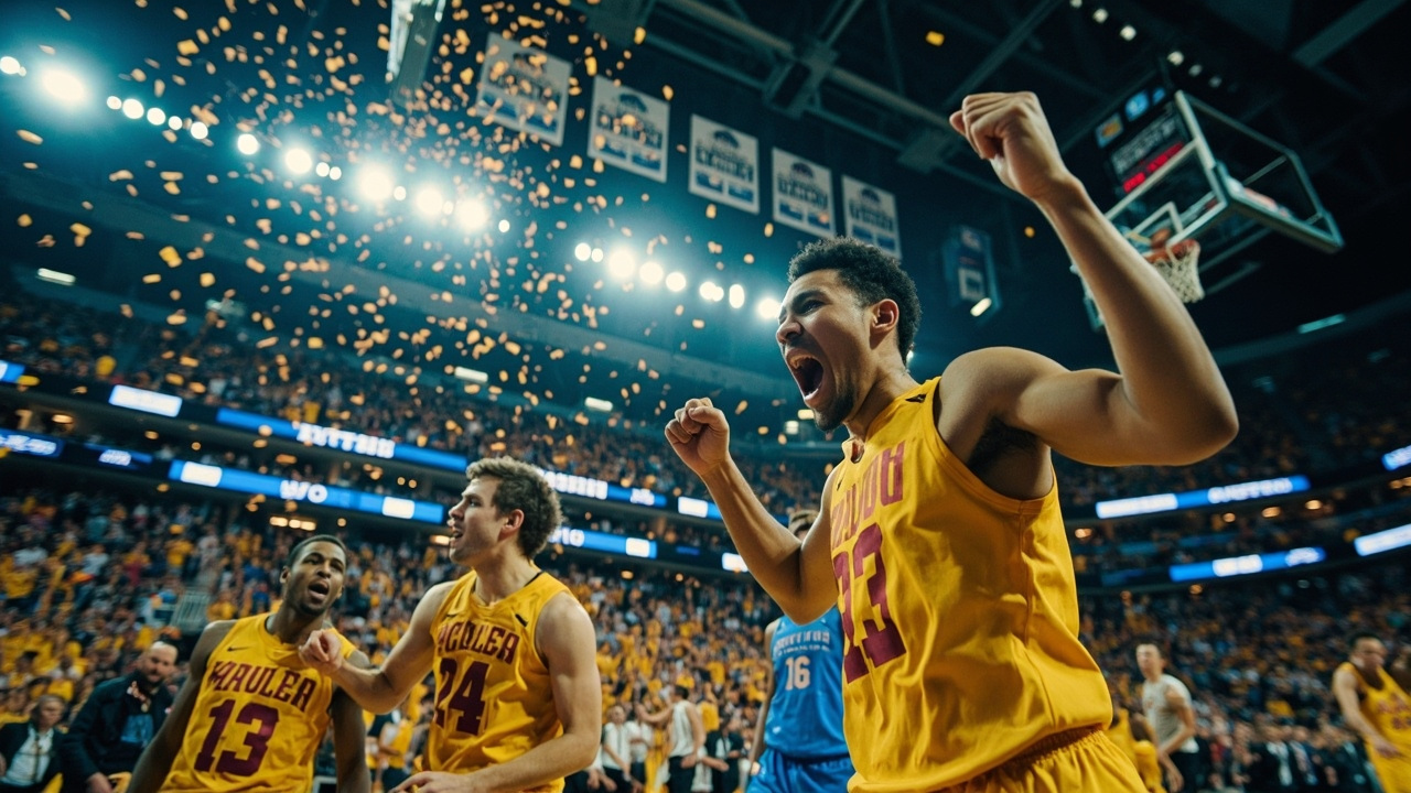Michigan basketball players celebrating on court at Lucas Oil Stadium after Final Four victory, confetti falling, arena crowd in background