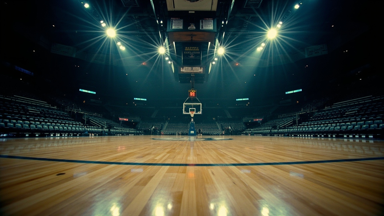 Basketball arena interior, hardwood court under bright lights, empty seats before a game