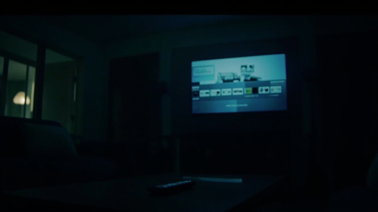 Television screen showing streaming service interface in dark living room