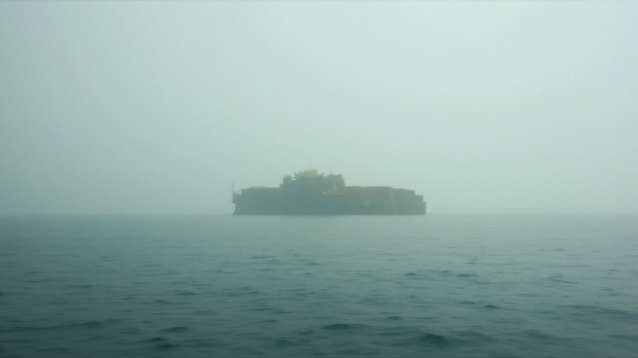 A container ship anchored idle in open water with no port visible, gray overcast sky reflecting off still ocean