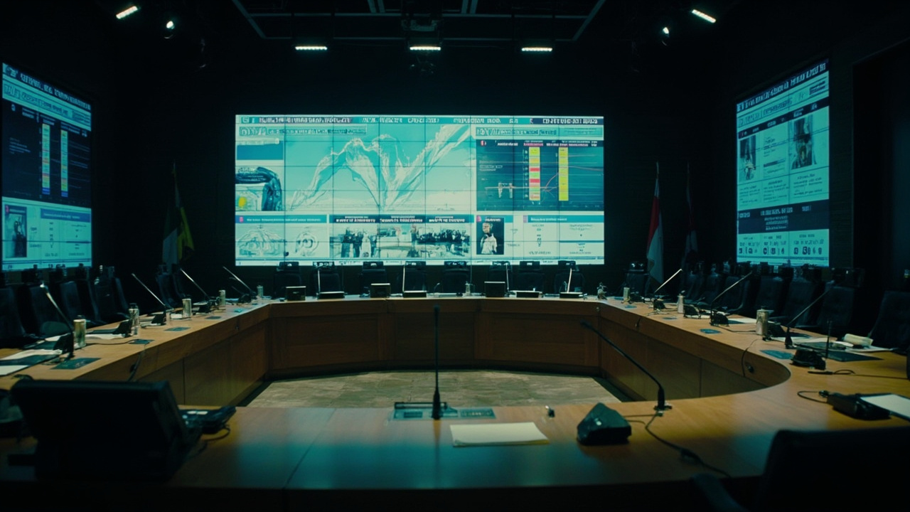 Empty OPEC+ videoconference screen showing production quota charts with oil market data on secondary monitors