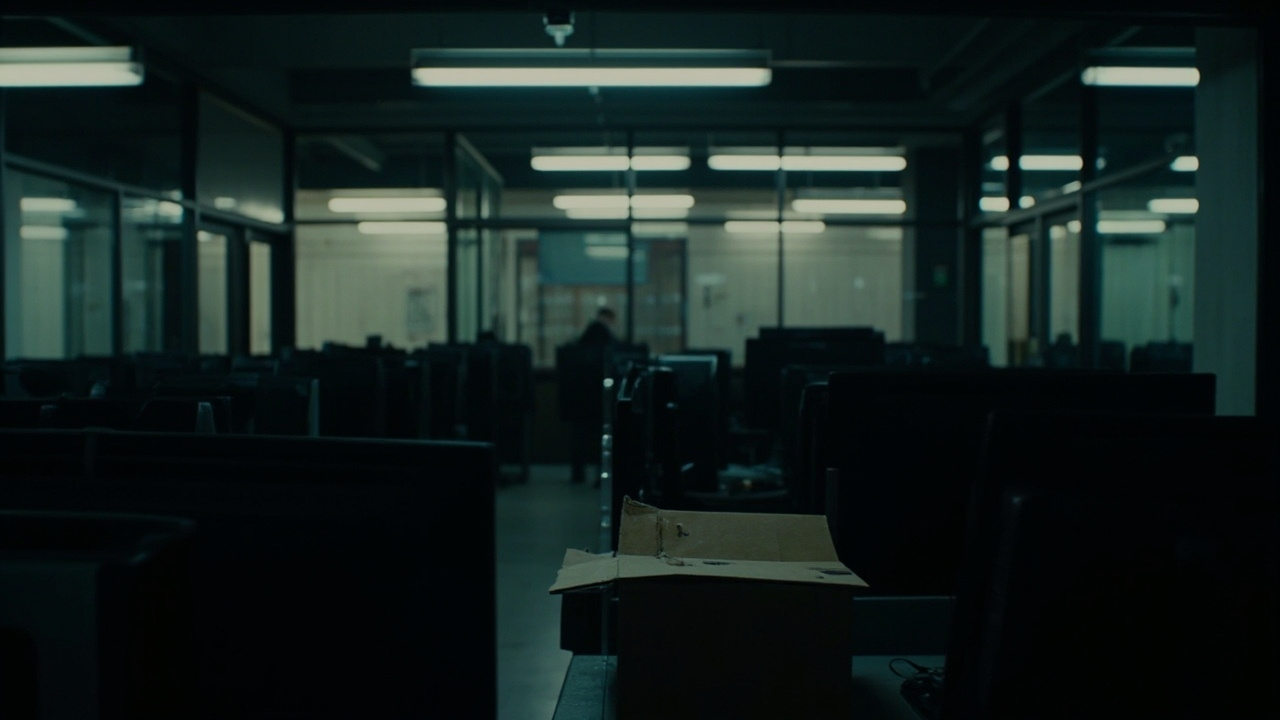 An empty corporate office floor with rows of dark monitors and a single overhead light still on