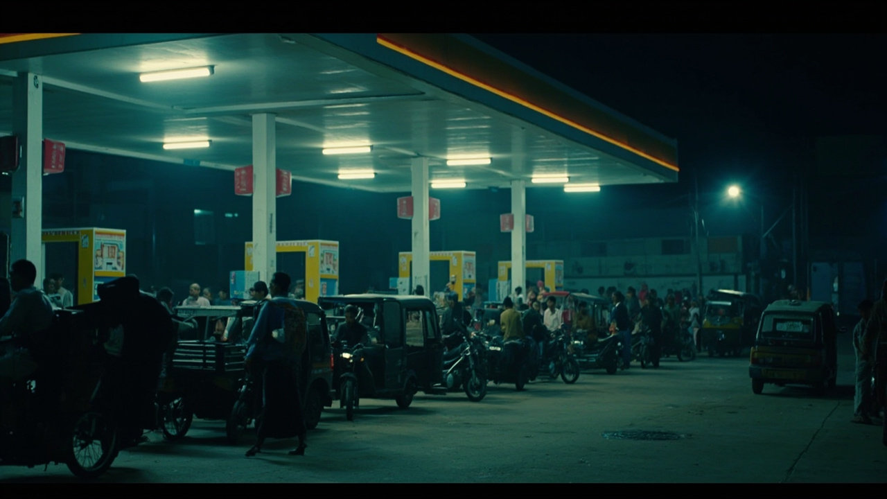A long queue of motorcycles and rickshaws at a Pakistani fuel station at night, overhead fluorescent lights illuminating the crowded forecourt