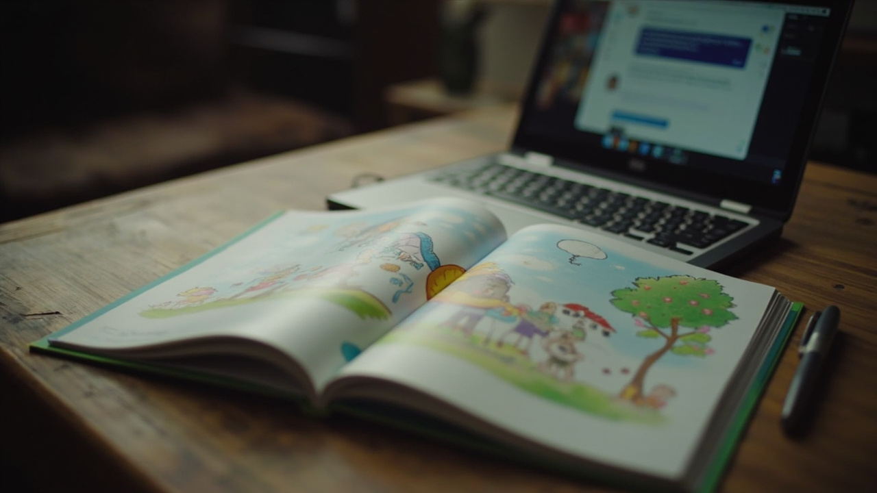 Children's illustrated book open on a desk next to a laptop screen