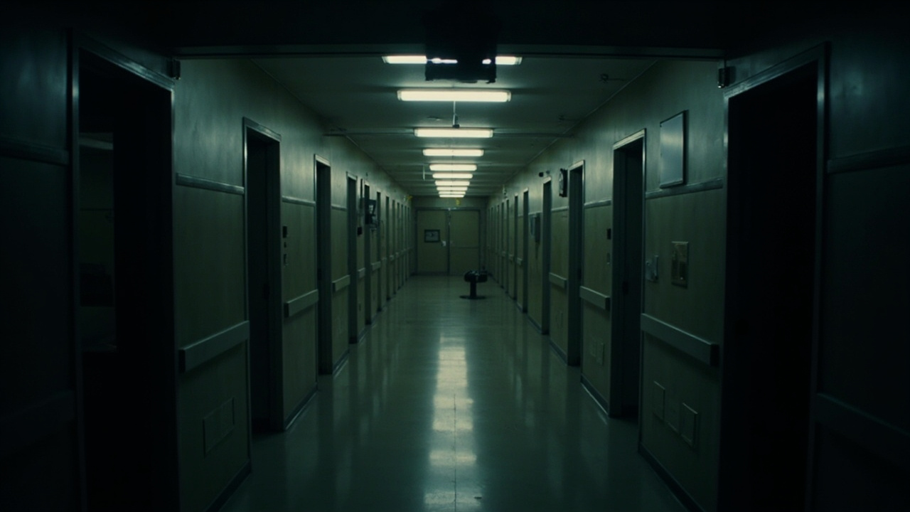 Dimly lit empty institutional corridor, fluorescent lights off, closed doors on both sides