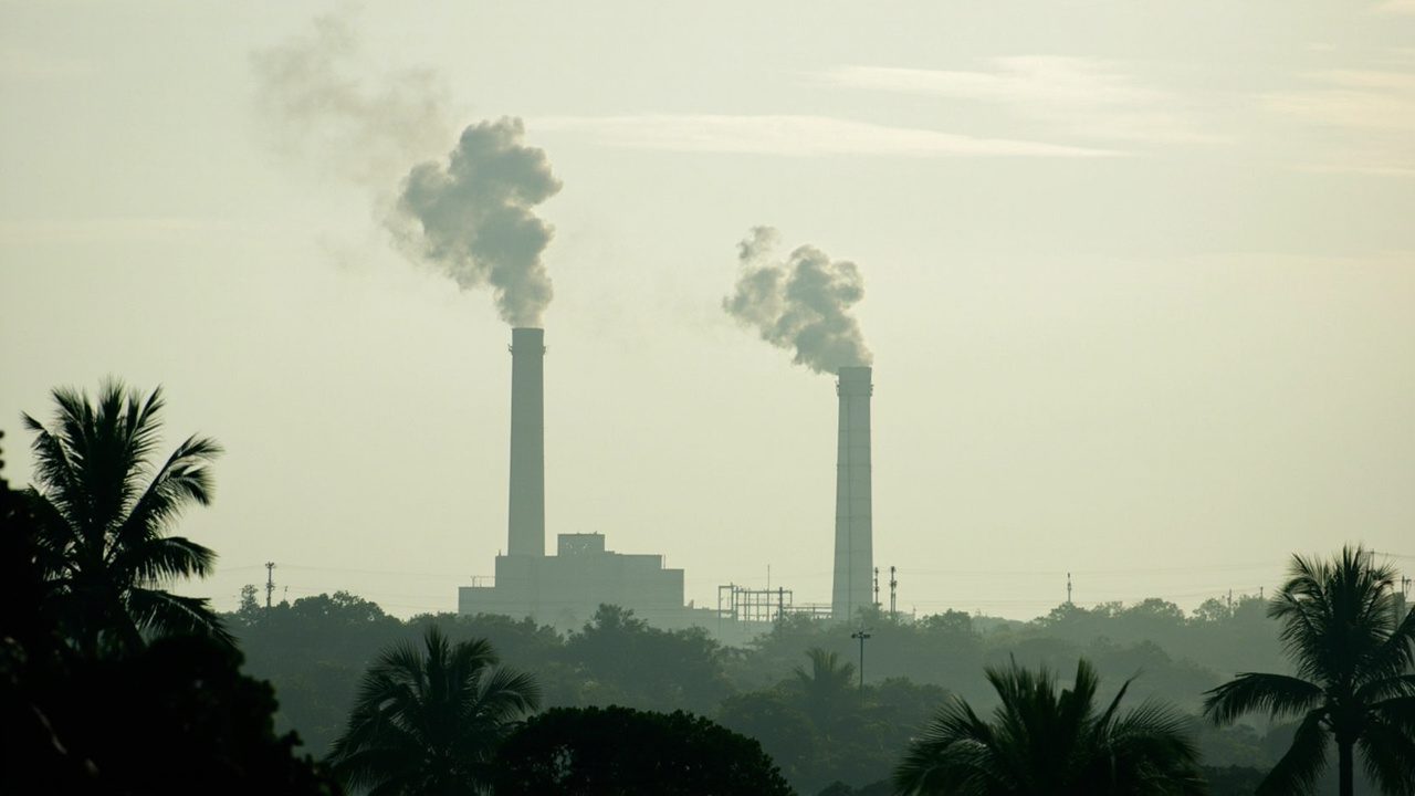 Coal-fired power plant smokestacks against hazy tropical sky in the Philippines