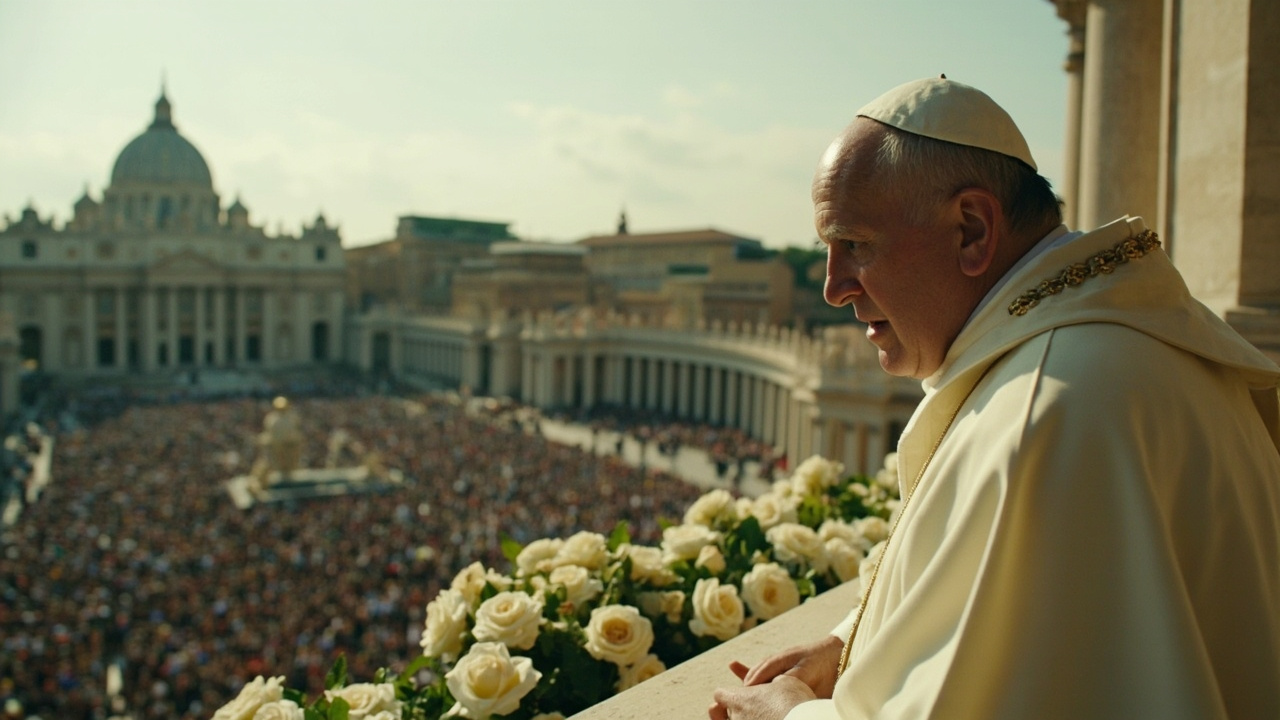 Pope Leo XIV in white and gold vestments addressing a crowd from the balcony of St. Peter's Basilica on Easter morning, flower arrangements visible