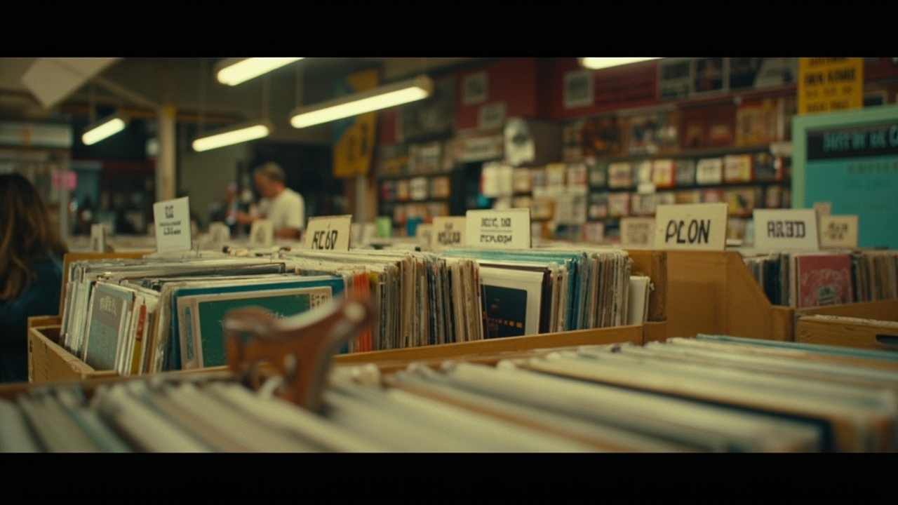 Rows of vinyl records in wooden crates at an independent record store, colorful album spines visible