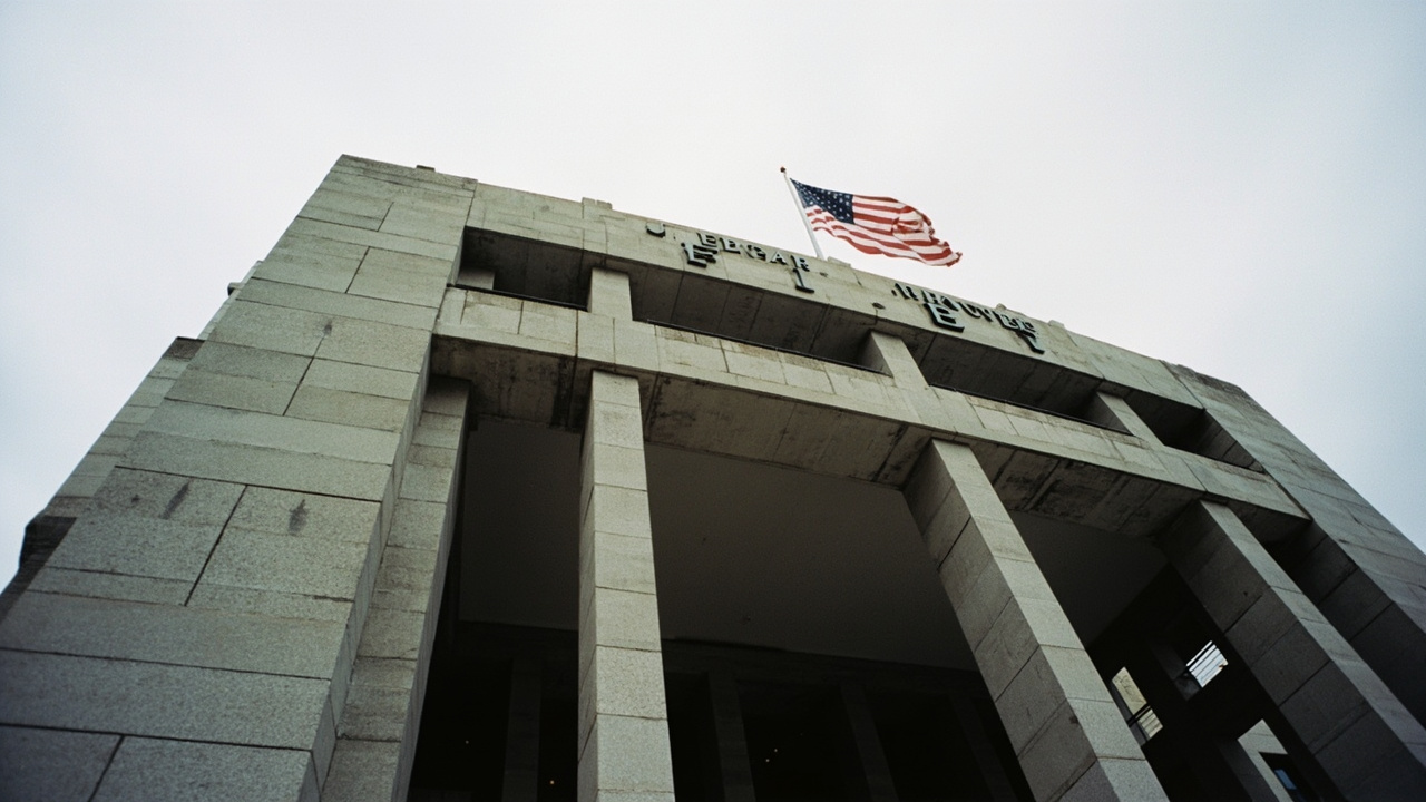 The FBI headquarters building in Washington DC, J. Edgar Hoover Building, against overcast sky