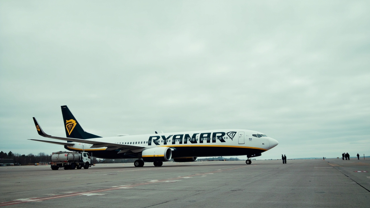 A Ryanair Boeing 737 parked on an empty tarmac with fuel trucks in the background