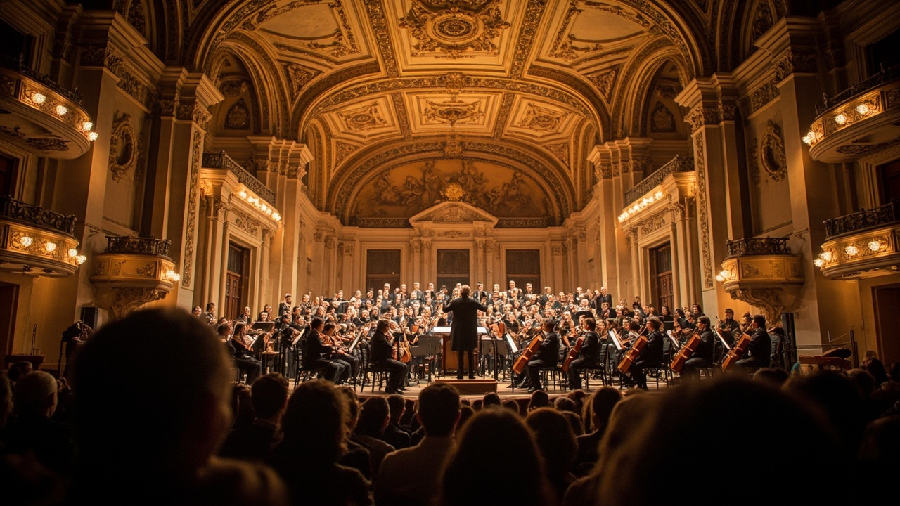 Grand European concert hall interior with orchestra on stage, warm golden lighting