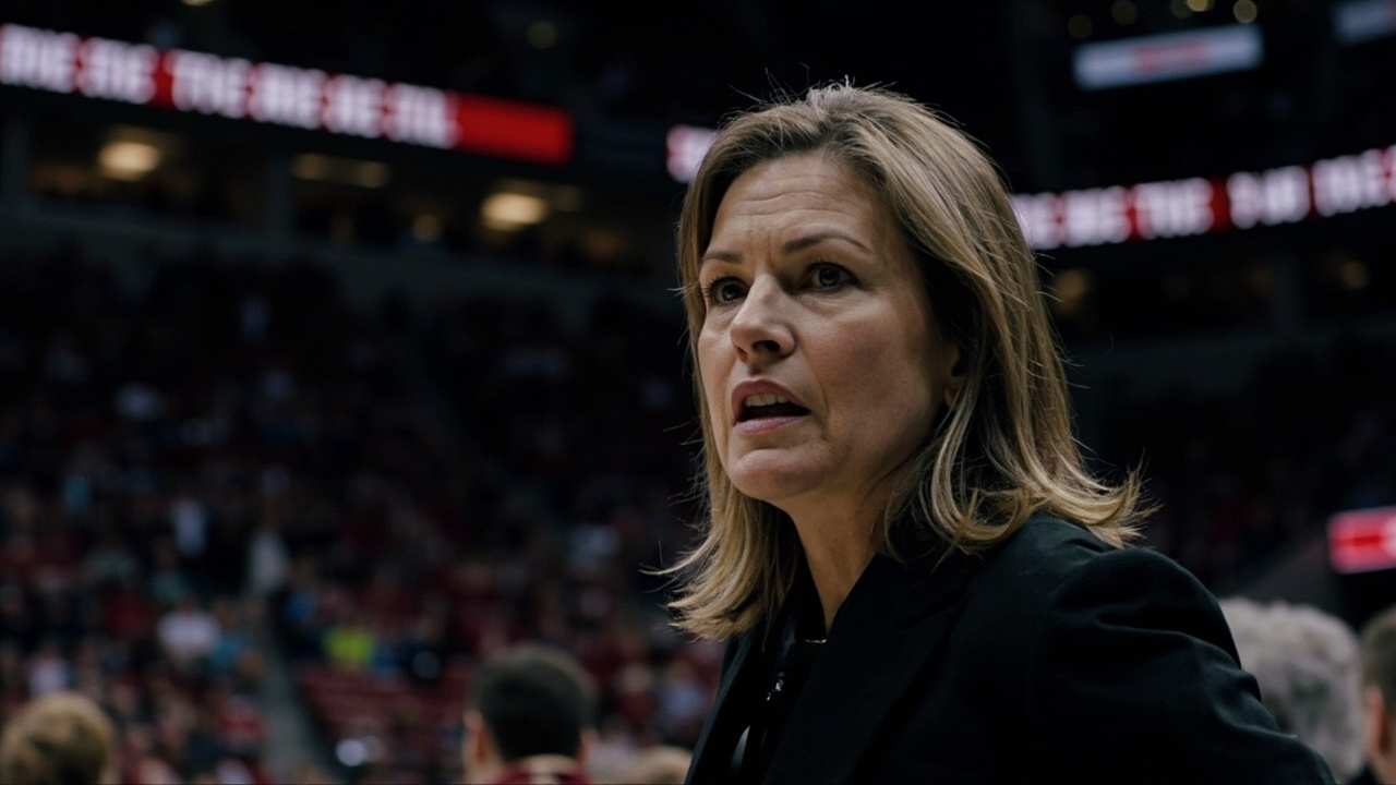 Dawn Staley on the sideline in intense focus, South Carolina bench visible behind her, championship game atmosphere