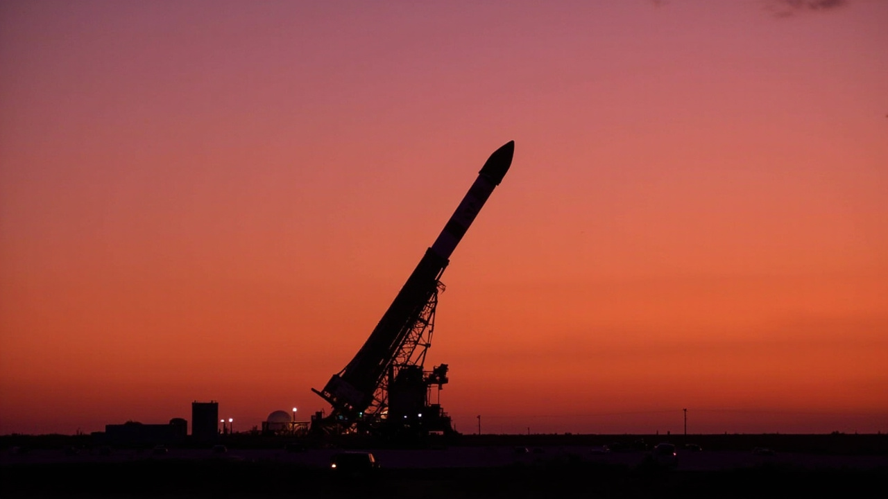 A Falcon 9 rocket standing on a launch pad at dusk with the glow of sunset behind it, ground crew vehicles small in the foreground
