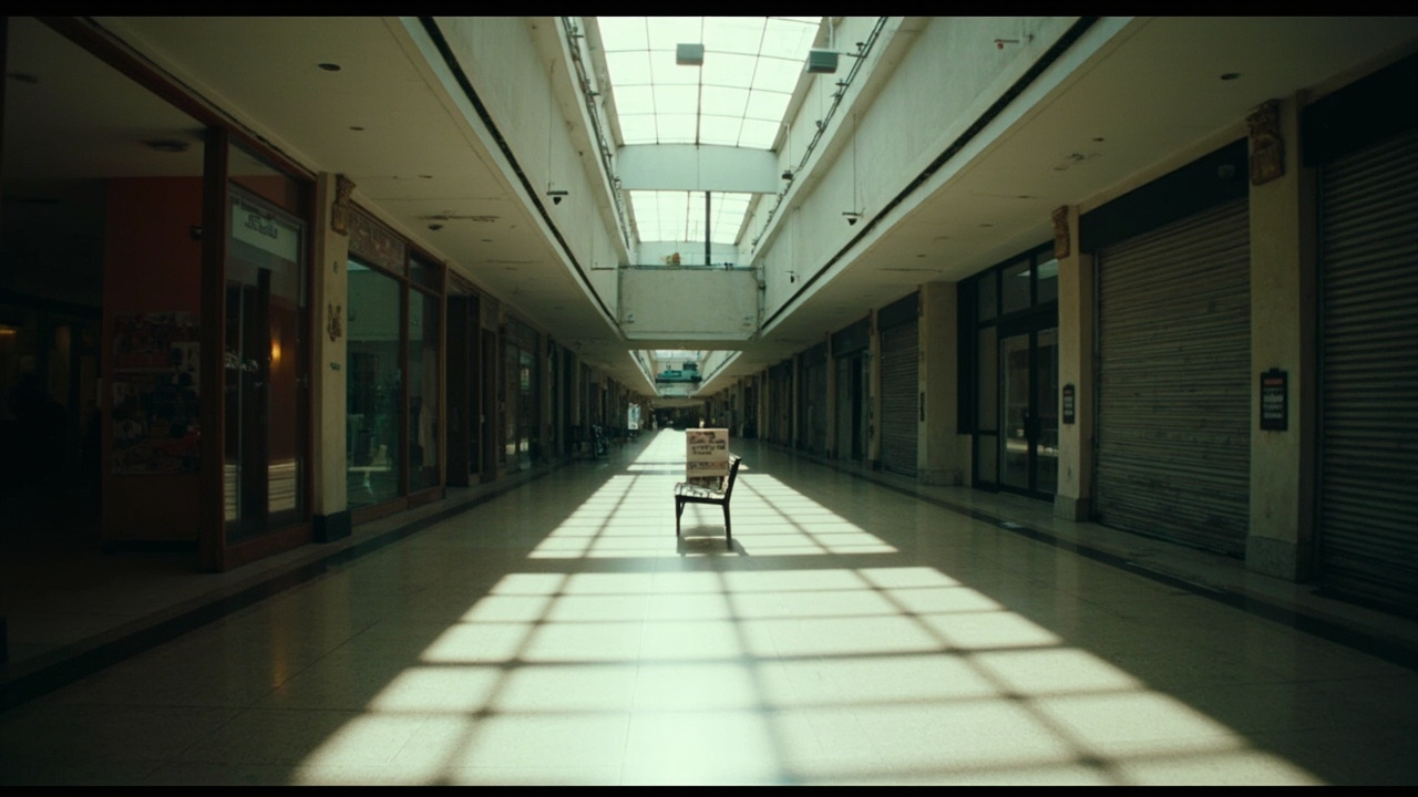 Empty suburban shopping mall corridor on Easter Sunday with shuttered storefronts, a single protest flyer taped to a bench, natural light from skylights