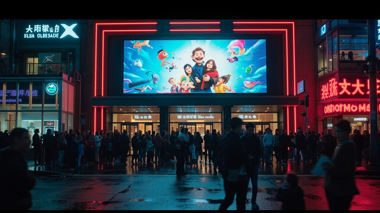 Crowds of families queuing outside a multiplex cinema with a massive Super Mario Galaxy movie poster illuminated above the entrance