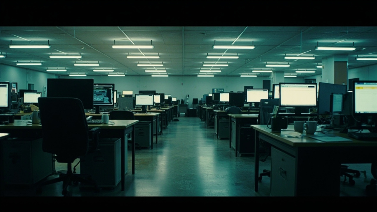 An empty open-plan office with rows of desks, monitors still on but chairs pushed back, a few personal items left behind