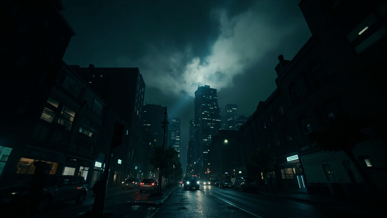 Dark cityscape at night with a single spotlight beam cutting through clouds