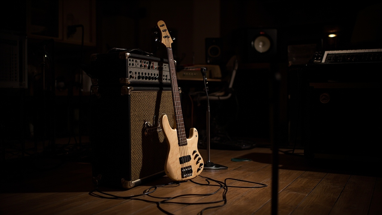 A bass guitar leaning against an amplifier in a dimly lit recording studio, cables coiled on the floor
