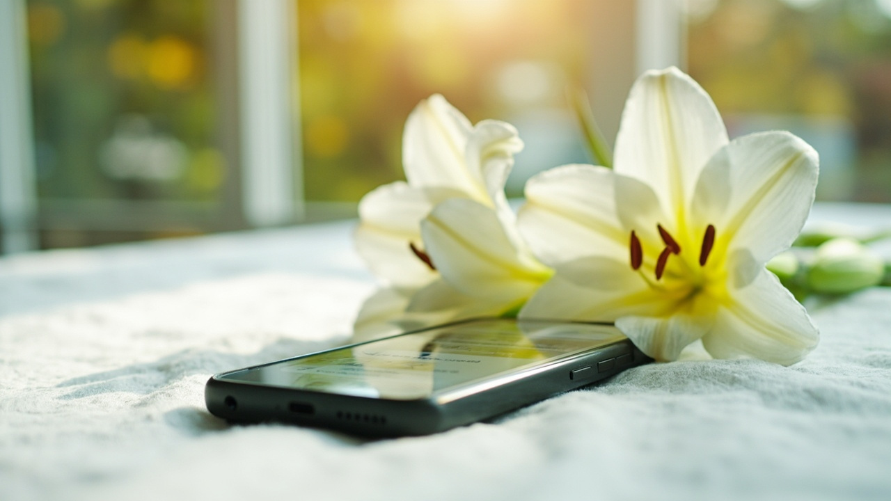 Close-up of a smartphone screen showing a Truth Social post in large text with profanity partially censored, resting on a white tablecloth beside an Easter lily and morning coffee