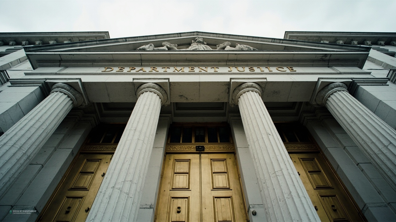 The Department of Justice building facade in Washington with its brass doors and inscription, photographed in overcast light