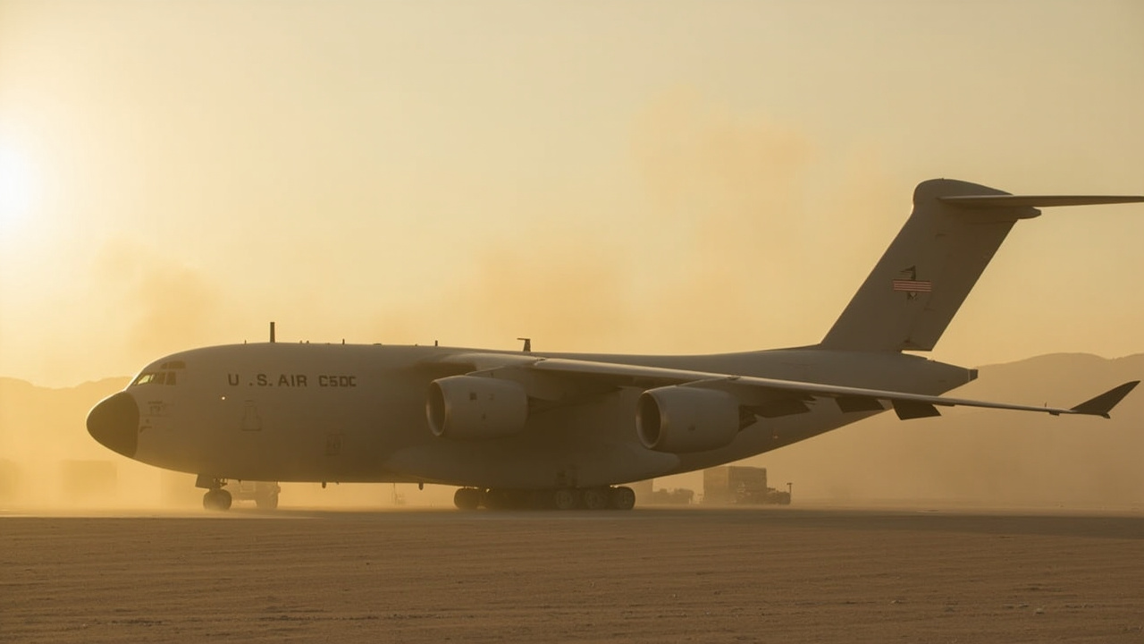 A U.S. Air Force KC-135 tanker aircraft on a desert airfield runway