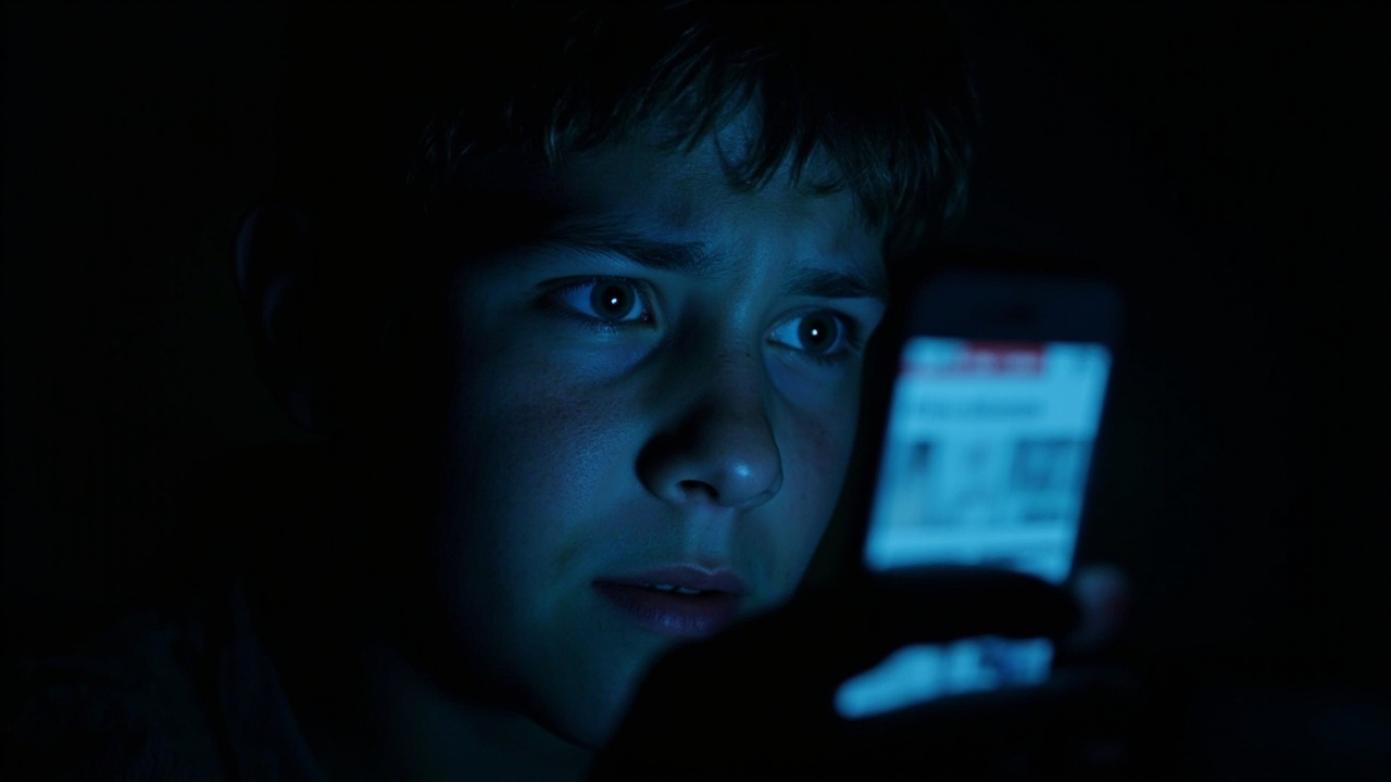 Person sitting in dim room illuminated by phone screen glow, face showing worry, news headlines visible but unreadable on device