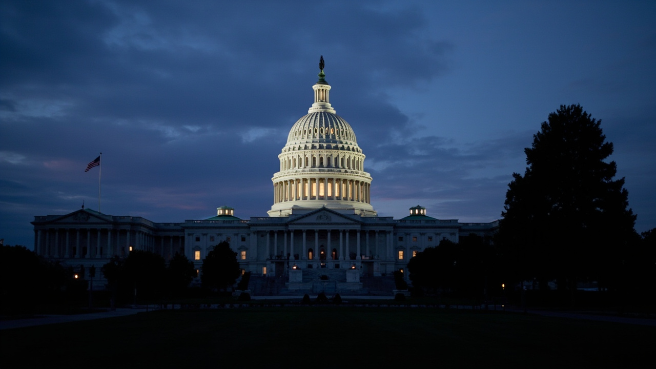 The U.S. Capitol dome at dusk with lights illuminating the Senate wing