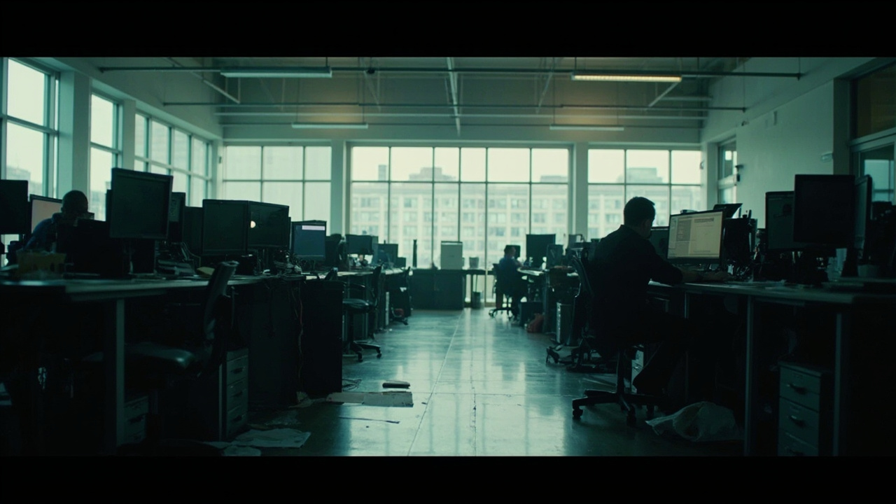 Empty newsroom with rows of desks, some monitors dark, some lit