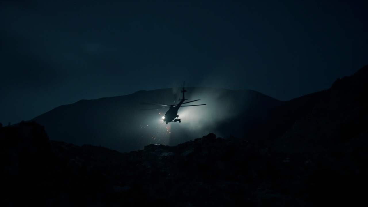 Helicopter silhouettes against a dark mountain ridgeline at night, spotlight beams cutting through dust during a special operations extraction