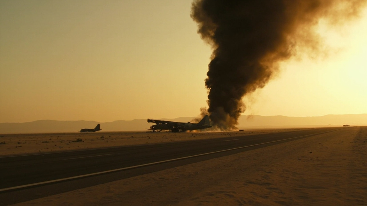 A forward operating airstrip in arid terrain with smoke rising from destroyed transport aircraft at dawn