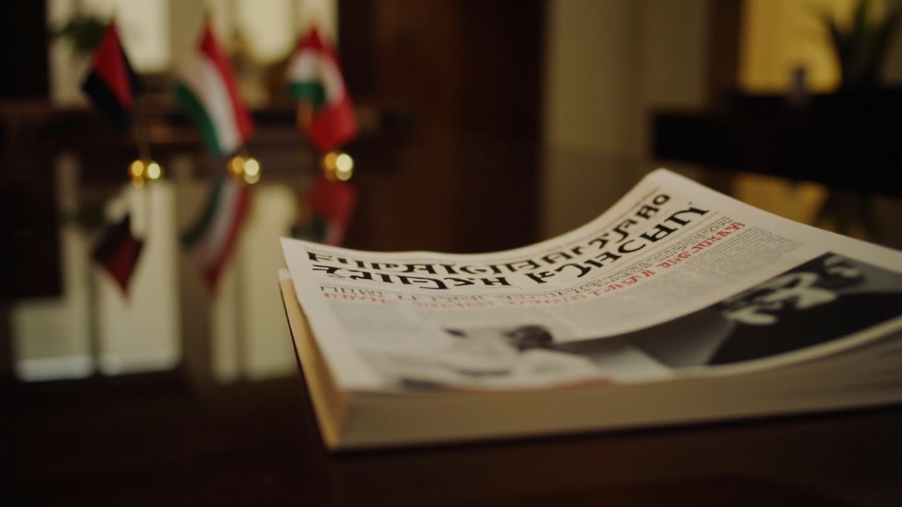A copy of Foreign Affairs magazine on a diplomatic desk with Gulf state flags visible in the background