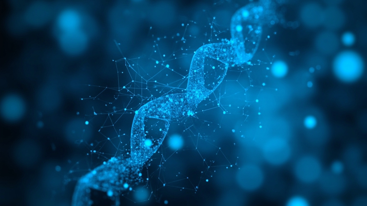 Abstract visualization of AI neural network overlaid on DNA double helix structure, blue and white color scheme