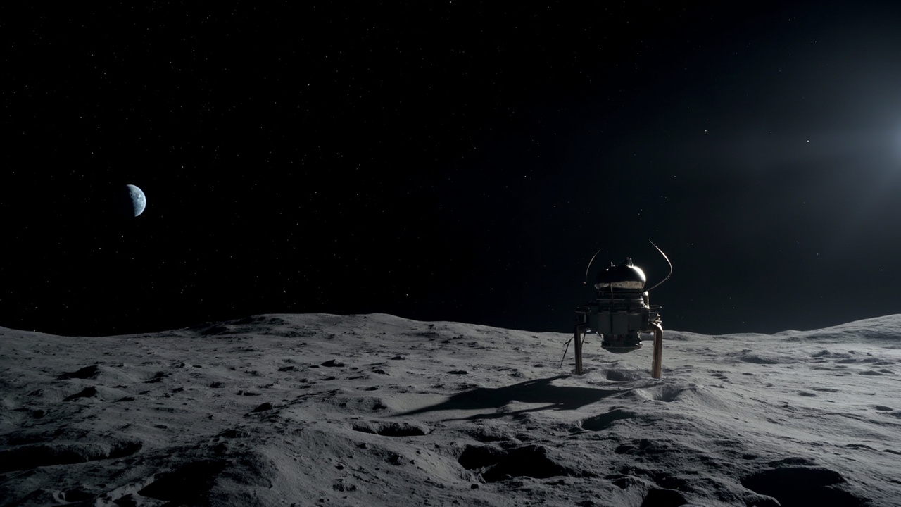 Orion spacecraft silhouetted against the lunar surface with Earth visible in the far distance, cinematic wide shot
