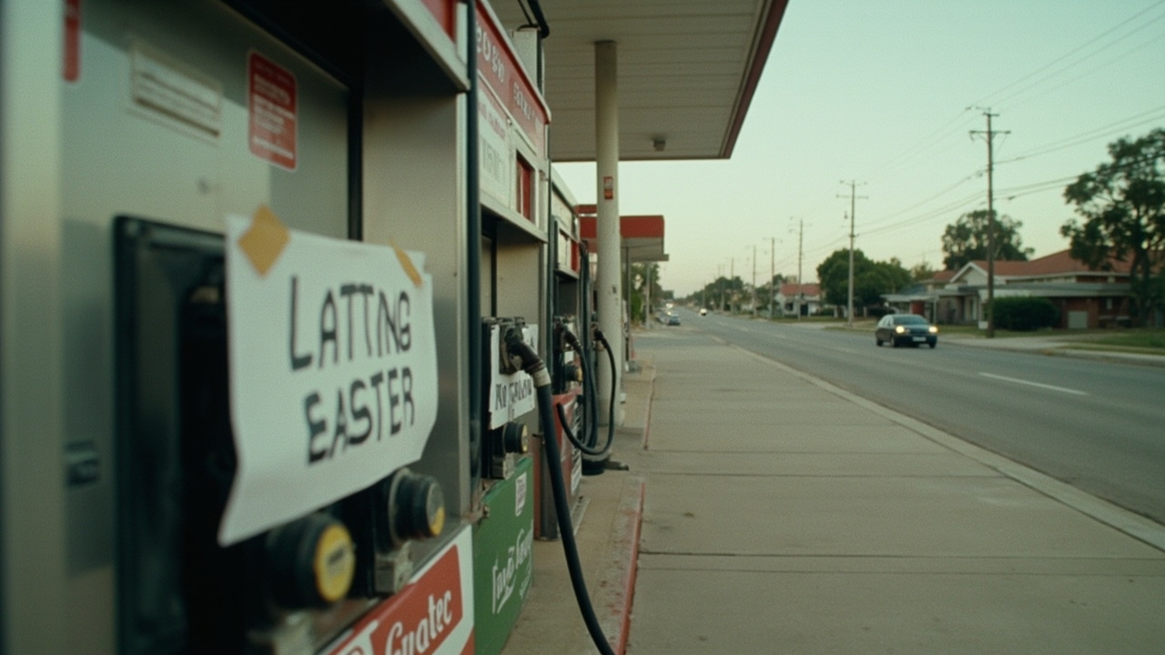 Empty petrol station forecourt with 'No Fuel' signs in suburban Australia