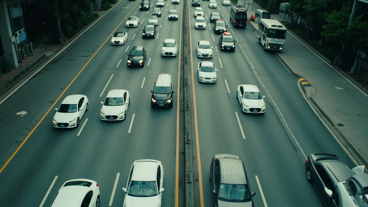Aerial view of multiple white robotaxis stopped mid-lane on a six-lane urban road in Wuhan, China, with regular traffic backed up behind them and police vehicles visible