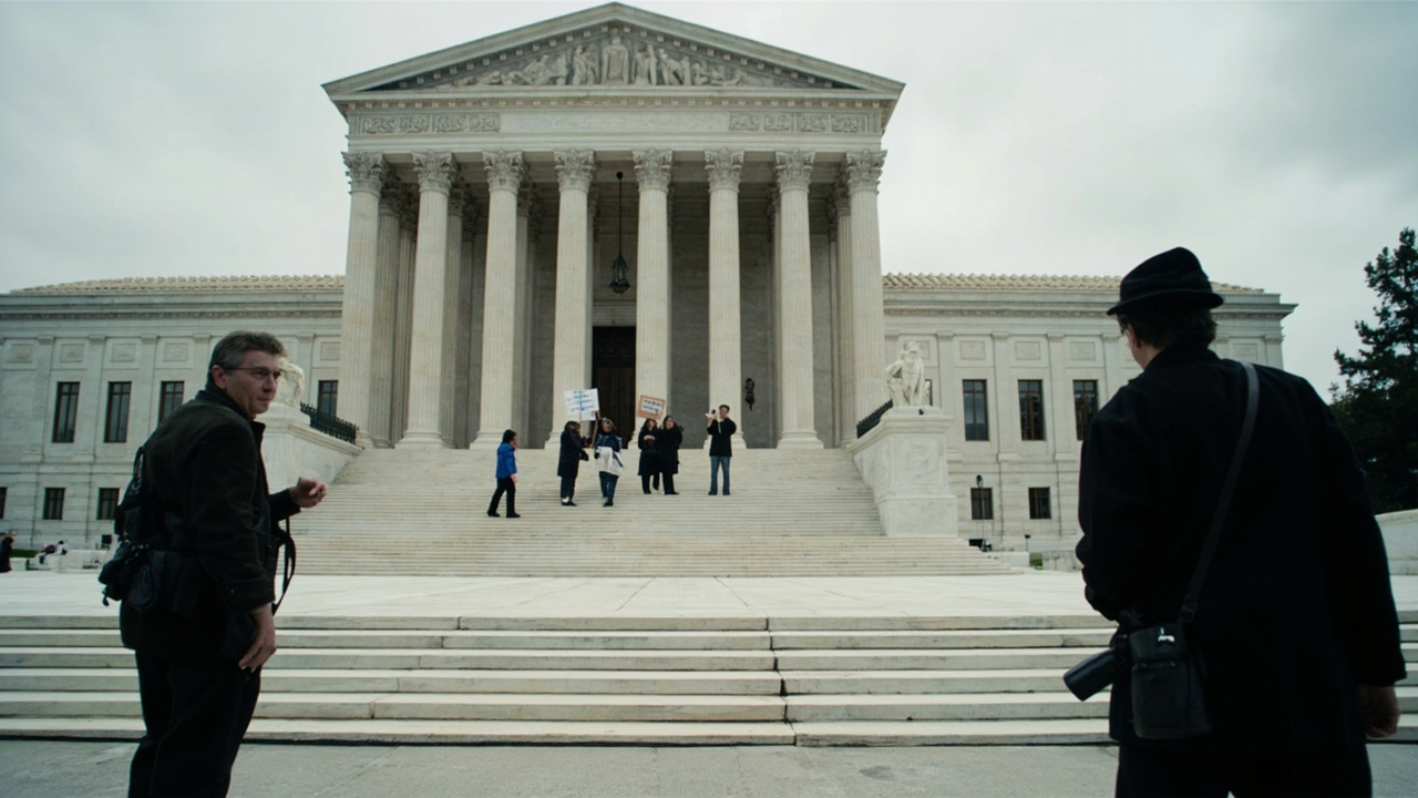 US Supreme Court building exterior, stone columns, overcast sky, small group of advocates on the steps holding signs