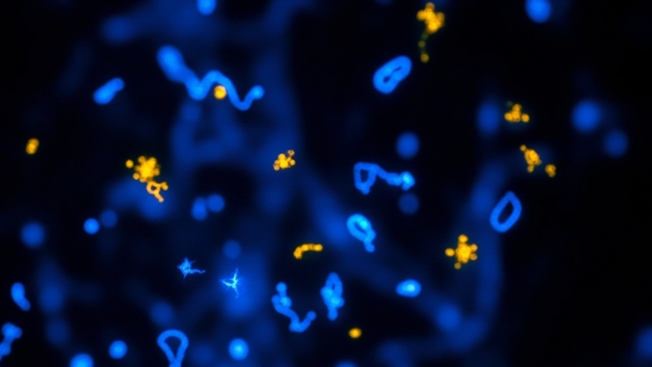 Microscopic view of glowing neural stem cells in a petri dish, blue and gold bioluminescence