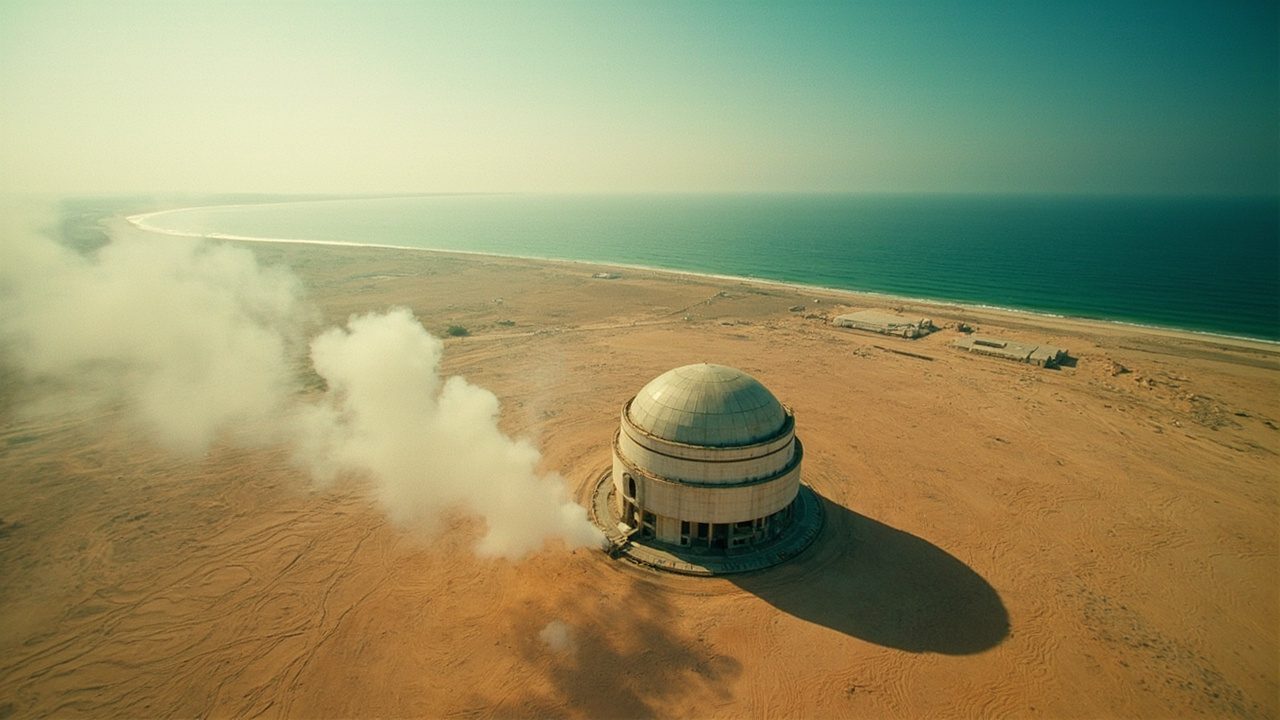 Close aerial view of a nuclear power plant reactor dome on a Persian Gulf coastline, a plume of gray smoke visible just meters from the dome structure, calm blue water in the background