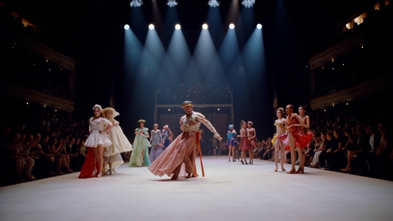 Performers in elaborate ballroom competition costumes on a runway stage at the Broadhurst Theatre, dramatic lighting illuminating a packed house